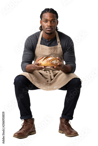 Baker holding fresh loaf of sourdough bread isolated on a transparent background