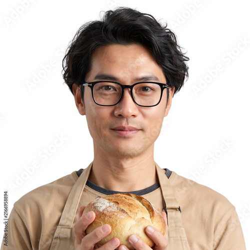 Asian baker holding a fresh loaf of bread isolated on a transparent background