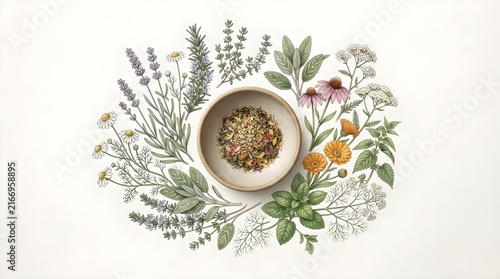 Botanical Herbal Tea Blend Illustration with Dried Herbs and Fresh Medicinal Plants