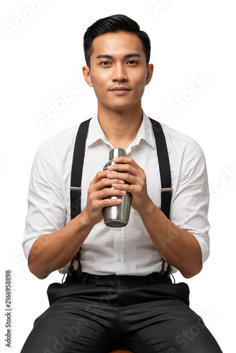 Asian bartender holding a metal cocktail shaker isolated on a transparent background