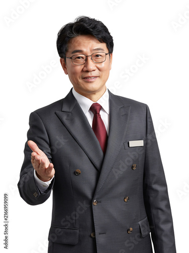 Asian man in suit gesturing with hand isolated on a transparent background