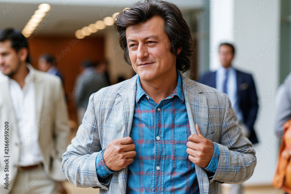 Obraz premium Confident Latin American man in plaid blazer, mature professional in hallway, casual business style, natural smile, relaxed pose, modern office background, candid portrait