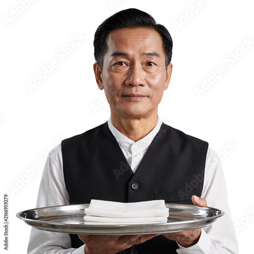 Asian waiter holding a silver serving tray with napkin isolated on a transparent background