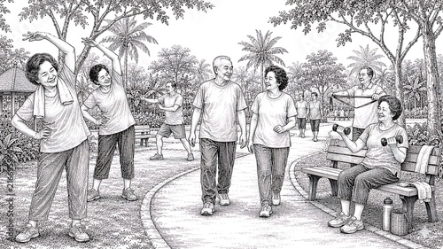 Active Asian senior adults exercising together in a tropical park