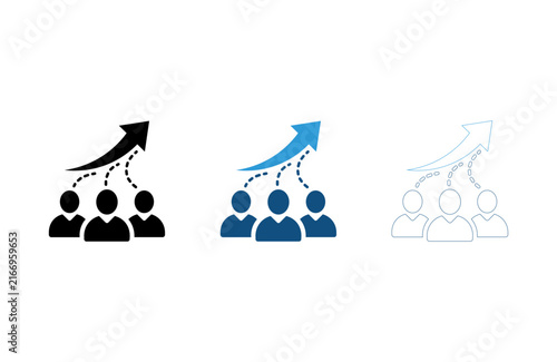 Team growth dynamic arrow icon set in blue and black colors for human resource materials.