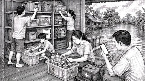 Asian family preparing emergency supplies during a flood