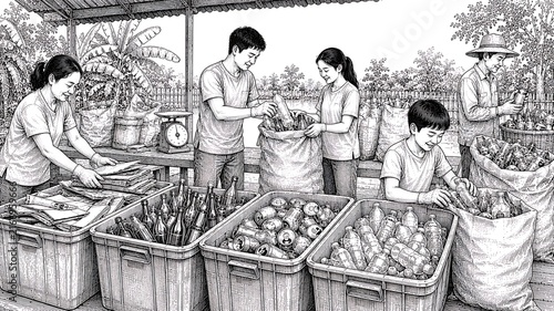 Asian community sorting recyclable waste at a recycling center