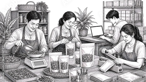 Asian workers packing dried herbal products for a small business