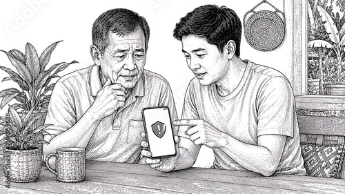 Young Asian man explaining a smartphone security alert to a senior