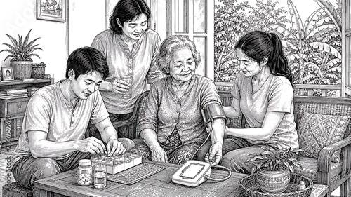 Asian family checking senior woman’s blood pressure and medication