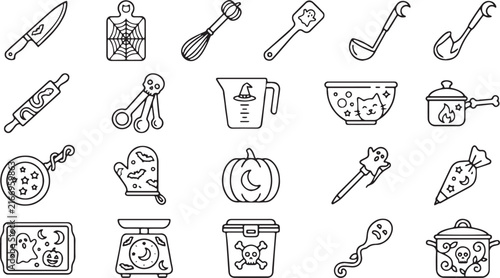 Spooky Halloween Kitchenware and Cooking Utensils Line Art Icon Set in Monoline Style