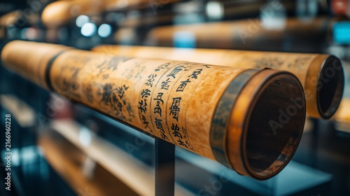 Close-up shot of traditional bamboo scrolls, revealing intricate calligraphy and time-honored preservation techniques