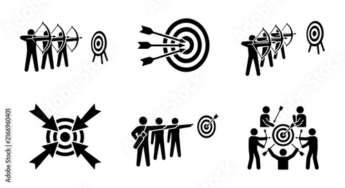Fotografie Archery Target Icons Set, Business Goal Achievement, Teamwork Strategy, Precisio