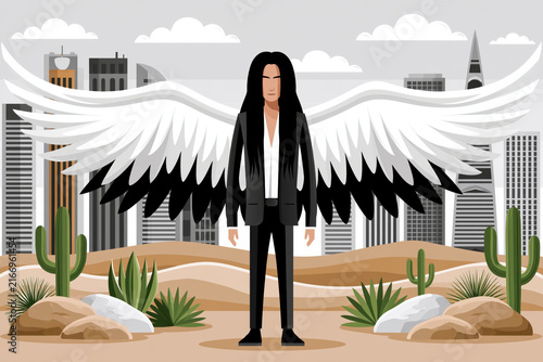 Angel businesswoman desert cityscape urban skyline cactus landscape fantasy wings long hair female black suit white shirt surreal illustration executive power concept