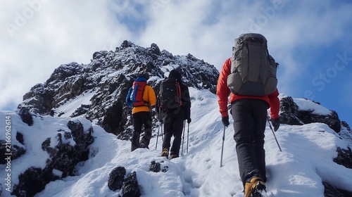 Adventurous hikers scaling a snowy mountain peak under a cloudy sky