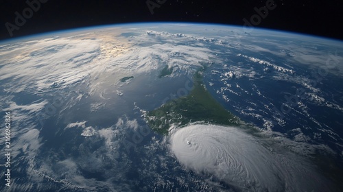 Spectacular view of Earth with a powerful hurricane over landmass showing atmospheric phenomenon and natural disaster