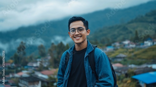 Young man with backpack smiling in nature with mountain views