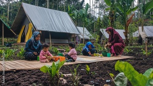 Family bonding and learning together at glamping ground surrounded by lush nature