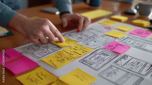 Hands of a developer placing sticky notes on website wireframe sketches during an interactive planning session.