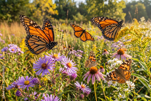 Butterflies landing on flowers during migration in a vibrant meadow  