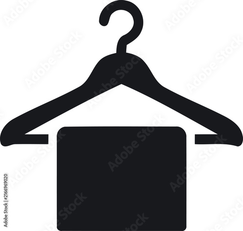 A simple black silhouette icon of a clothes hanger with a folded piece of fabric or towel hanging