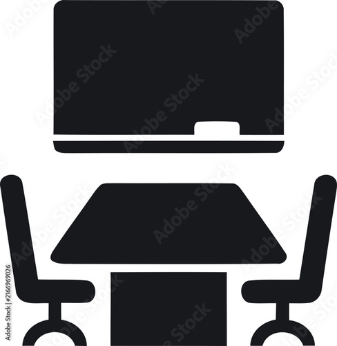 Minimalist black icon of a classroom setting with a chalkboard table and two chairs for educational design projects