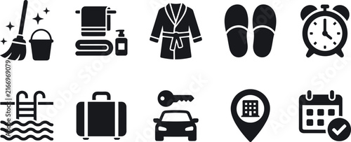 Set of ten black hotel and travel service icons featuring amenities like cleaning pool luggage and booking appointments