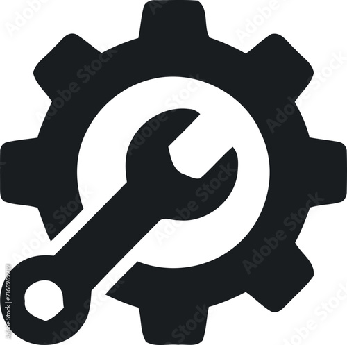Black gear icon with a wrench symbol representing maintenance settings repair service or mechanical engineering concept design