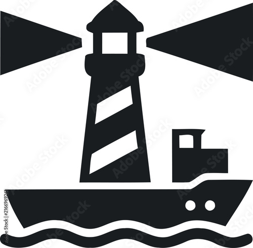 A black and white flat vector icon showing a lighthouse illuminating the sea with a ship sailing nearby