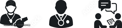 Set of black and white vector icons representing sports coach medal winner and team meeting communication concepts