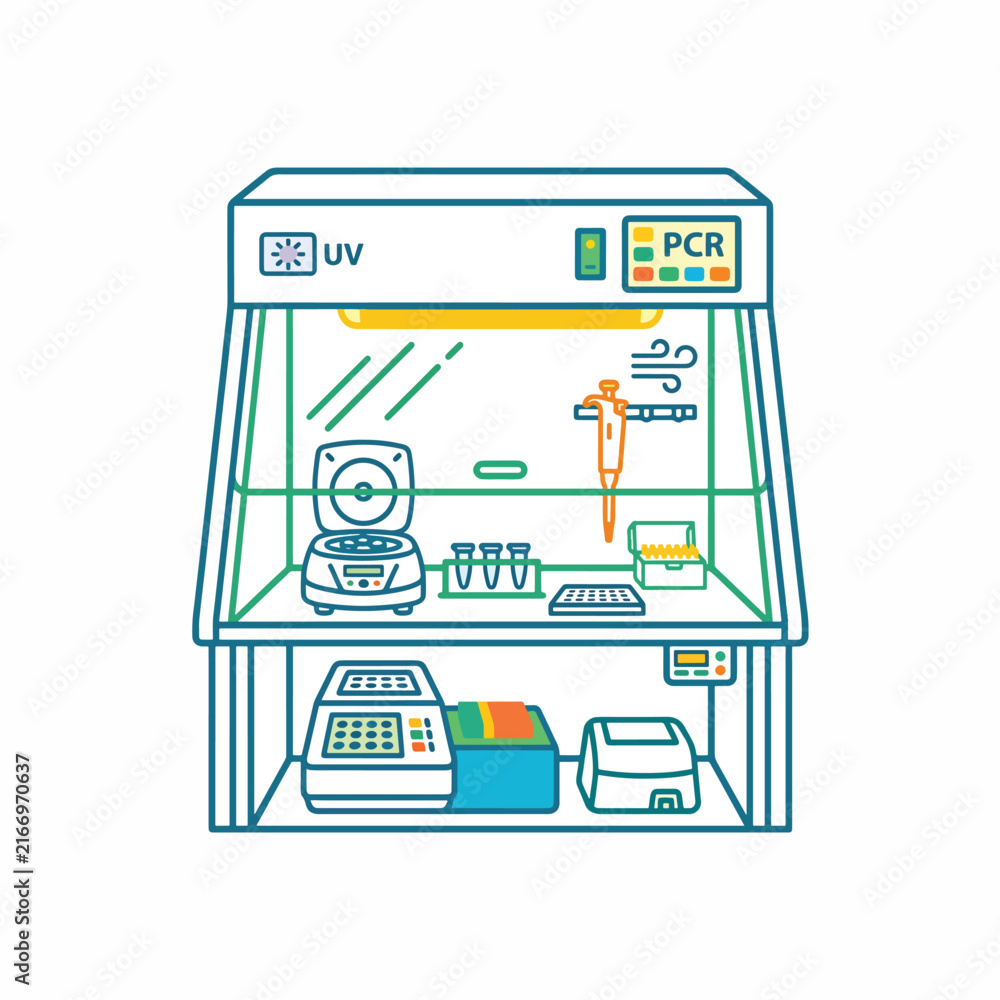 Fototapeta premium Laboratory UV PCR workstation with equipment and safety tools