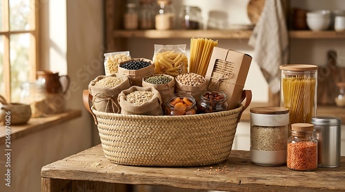 Large wicker basket filled with raw dry grains and pasta in a cozy rustic kitchen on a wooden table. non-perishable collection