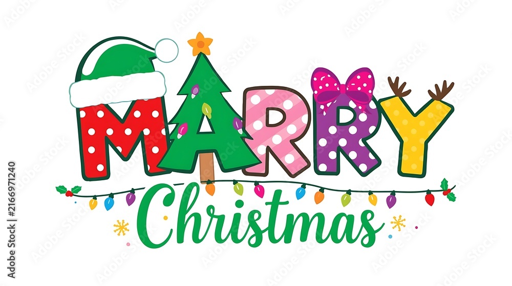 Fototapeta premium Festive Marry Christmas! Playful Holiday Text Design with Cute Cartoon Letters & Lights