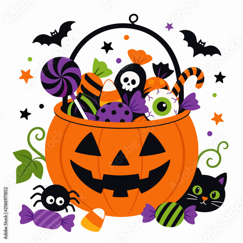 A festive orange pumpkin bucket is overflowing with colorful Halloween candies and treats.