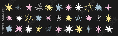 Crayon star icon set. Bright star stickers and firecracker bursts shine. Vector illustrations with grunge textures. Doodle sparkle elements in kids style.