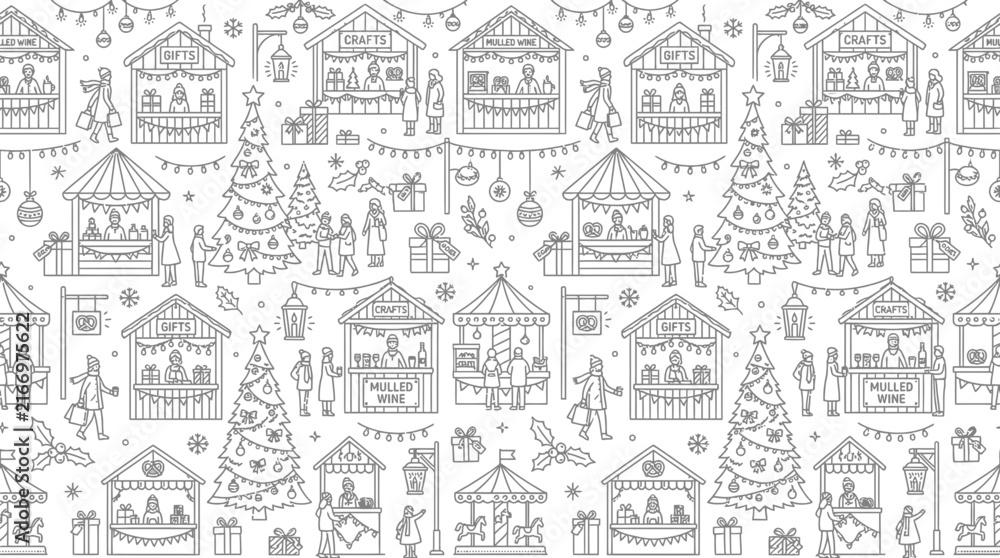 Naklejka premium Hand-Drawn Christmas Market Pattern