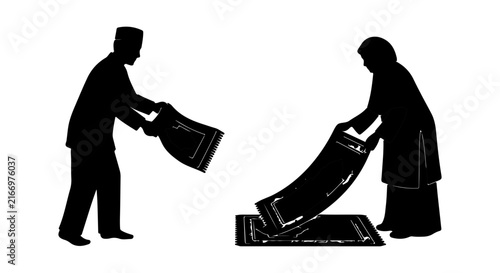 Muslim Couple Unfolding Prayer Mat, Islamic Worship, Religious Rituals, Silhouette Vector