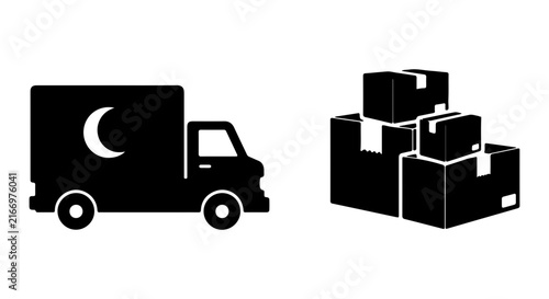 Delivery Truck with Moon Symbol, Stacked Shipping Boxes, Logistics Icons
