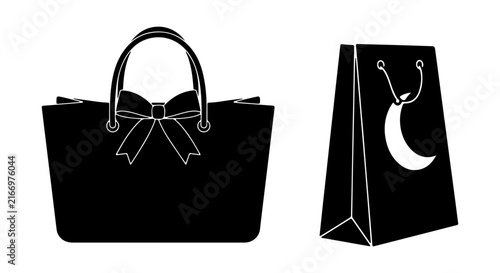Black Shopping Bags, Tote Bag with Bow, Gift Bag with Crescent Moon Icon, Vector Icons