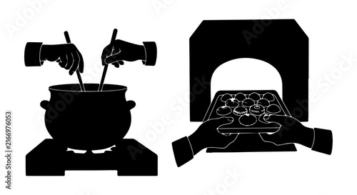 Cooking and Baking Process Icons, Food Preparation Vector Graphics, Culinary Activity Symbols