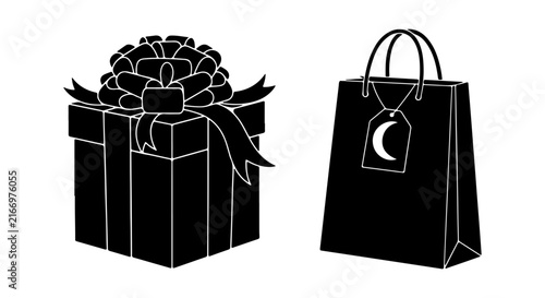 Gift Box and Shopping Bag Icons, Black Silhouette, Celebration and Retail Vector Set