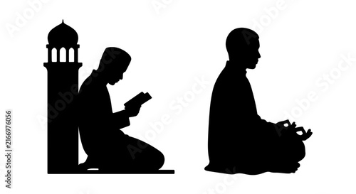 Islamic Prayer Silhouette, Muslim Man Praying, Mosque Minaret Icon, Religious Devotion Vector