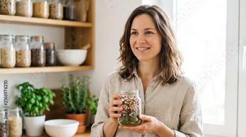 Portrait Of Confident Female Nutritionist Holding Jar Of Mixed Beans For Plant Protein