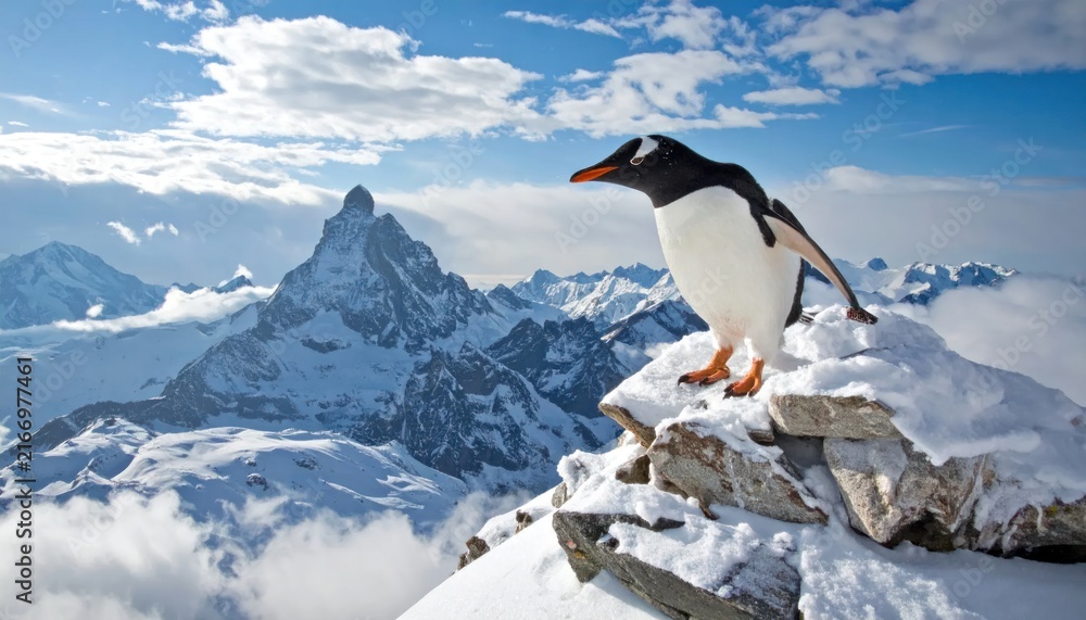 Fototapeta premium Humorous Gentoo Penguin Standing Atop Snowy Mountain Peak with Matterhorn in Background