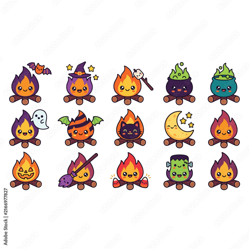 Obraz premium Cute Halloween Themed Fireplace Gnome Characters.