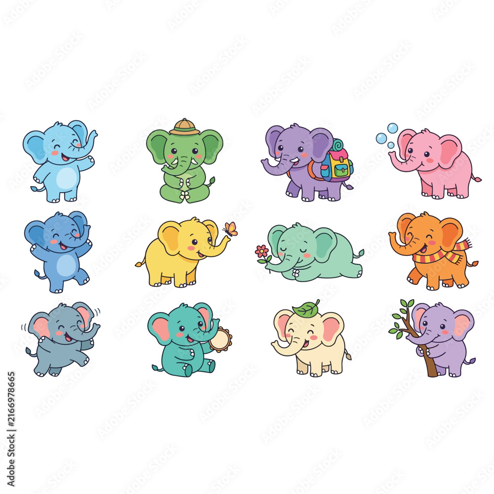 Obraz premium Colorful Cartoon Elephants in Playful Poses.