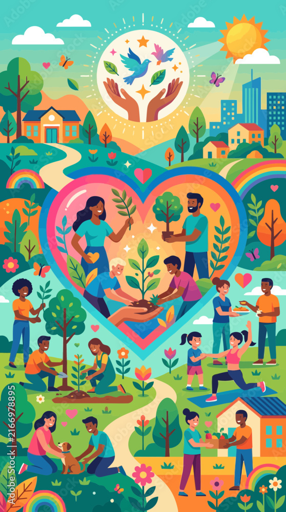 Fototapeta premium Vibrant heart-shaped path featuring community gardening and unity.