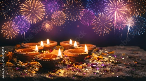 Group of glowing clay diyas arranged on a textured surface with colorful fireworks in the night sky for diwali celebration