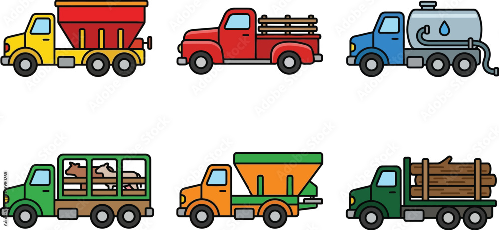 Naklejka premium Collection of colorful flat design trucks including a water tanker pickup and log hauler for agricultural and industrial concepts