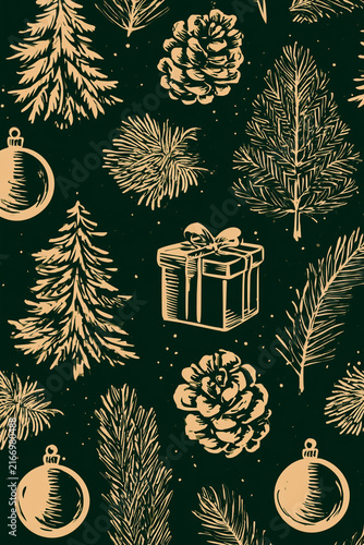 Christmas Background with Pine Trees, Pine Cones, Gift Boxes and Decorative Baubles Vector